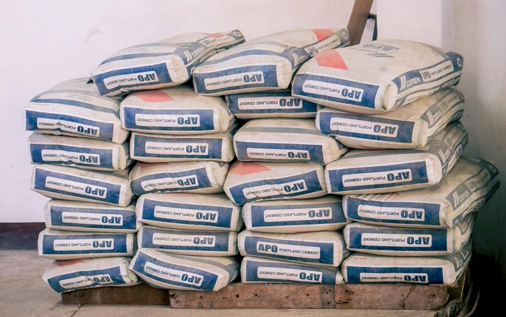 High-quality cement used in home constructionarranged in an indoor warehouse environment.